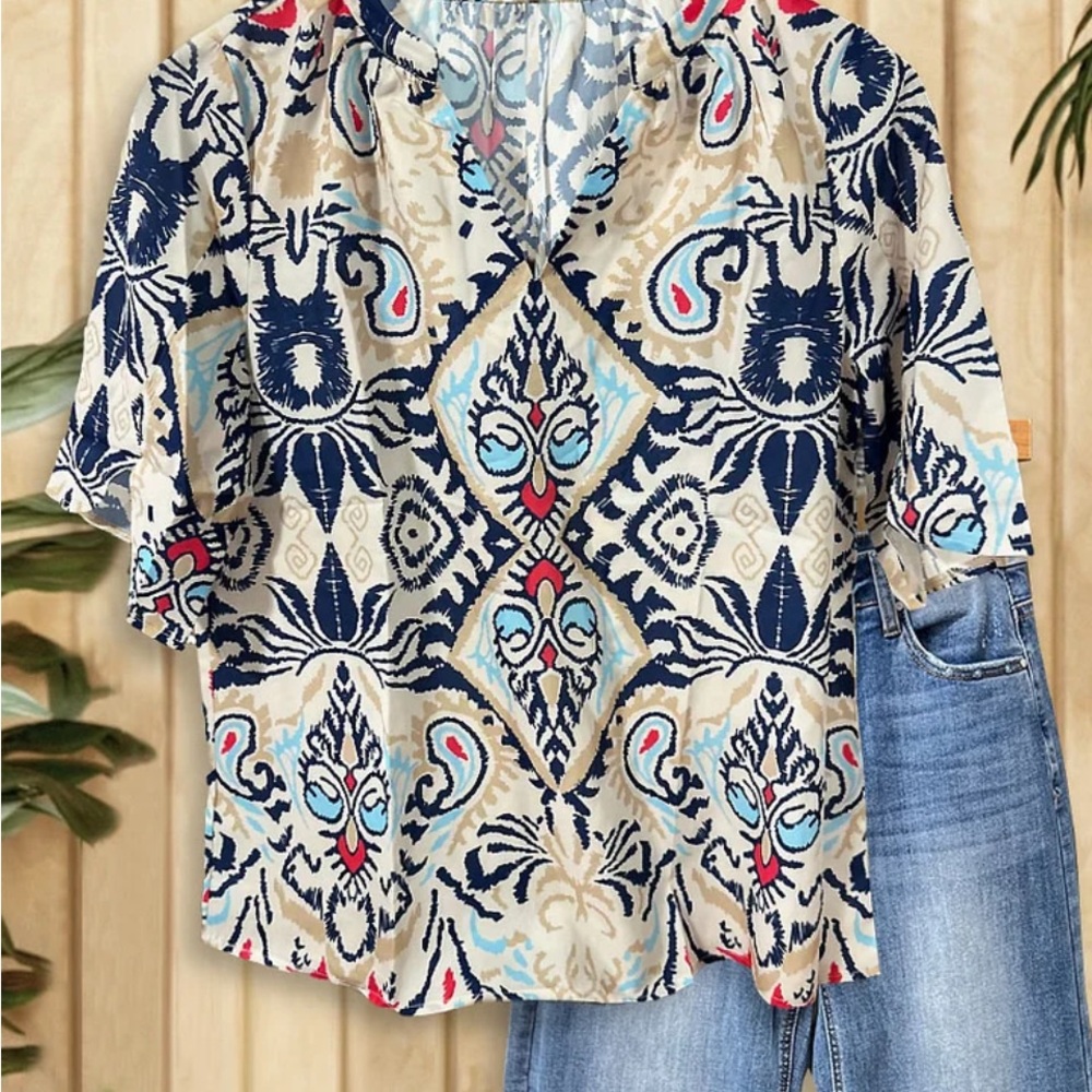 Blue and Red Graphic Blouse with Mandarin Collar